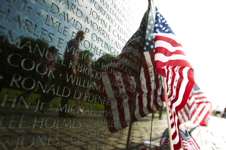 A U.S. flag adorns the wall of the Vietnam Veterans Memorial in Washington on May 28, 2017.